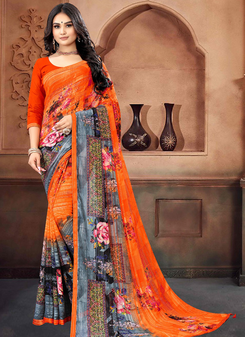 fcity.in - Printed Daily Wear Georgette Saree With Unstitched Blouse Piece /