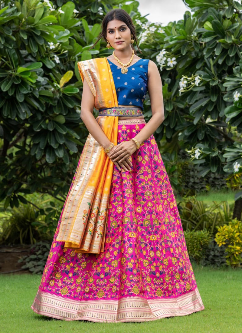 Laxmi Fashion Satin Silk Pink-blue Lehenga Choli With Yellow Printed  Dupatta at Rs 1699 in Surat