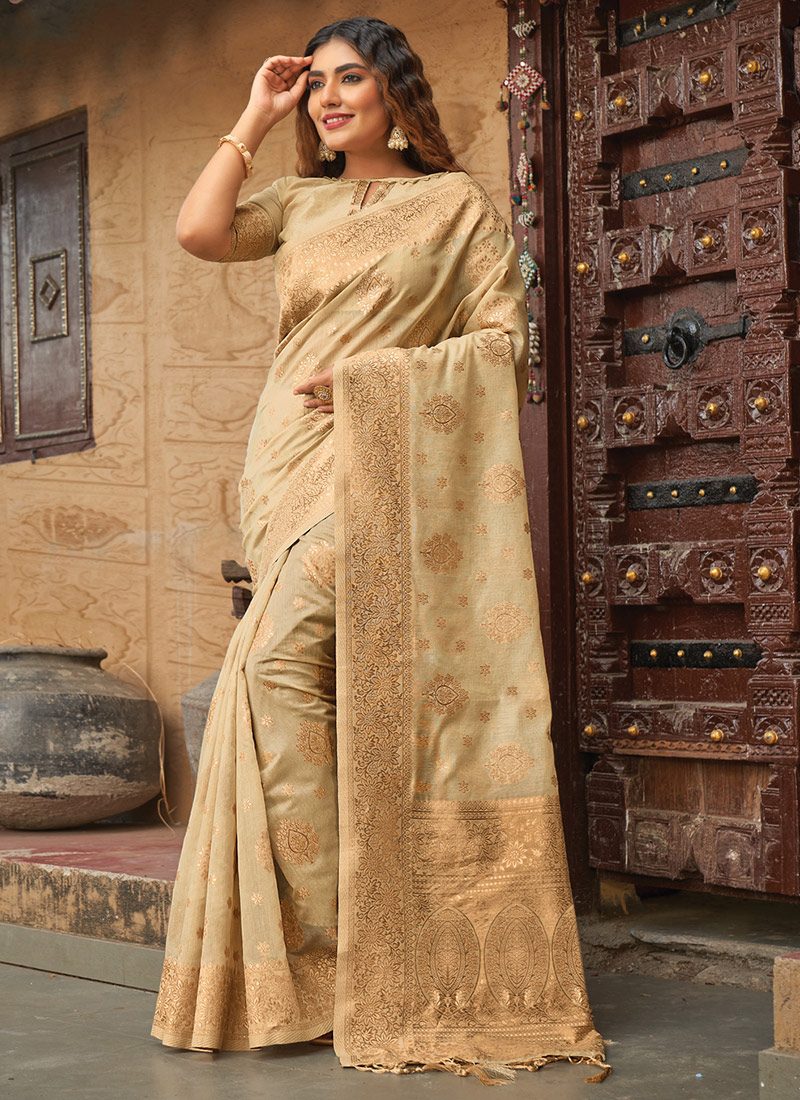 Buy OCAU Women's Handloom Beige Cotton Saree With Silver Zari Border at  Amazon.in