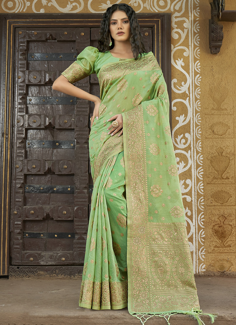 Buy Party Wear Pista Green Weaving Silk Saree Online From Surat