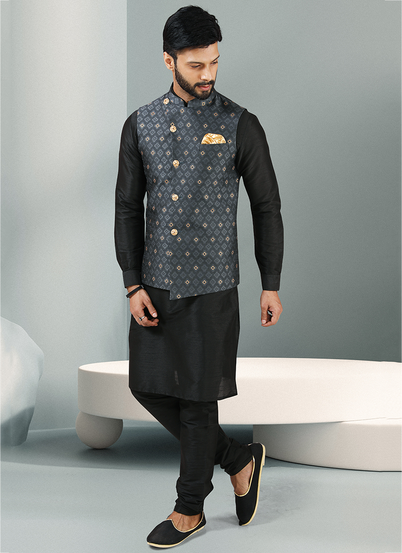 Art Silk Kurta Pajama With Jacket In Gold And Black Colour - KP1047558