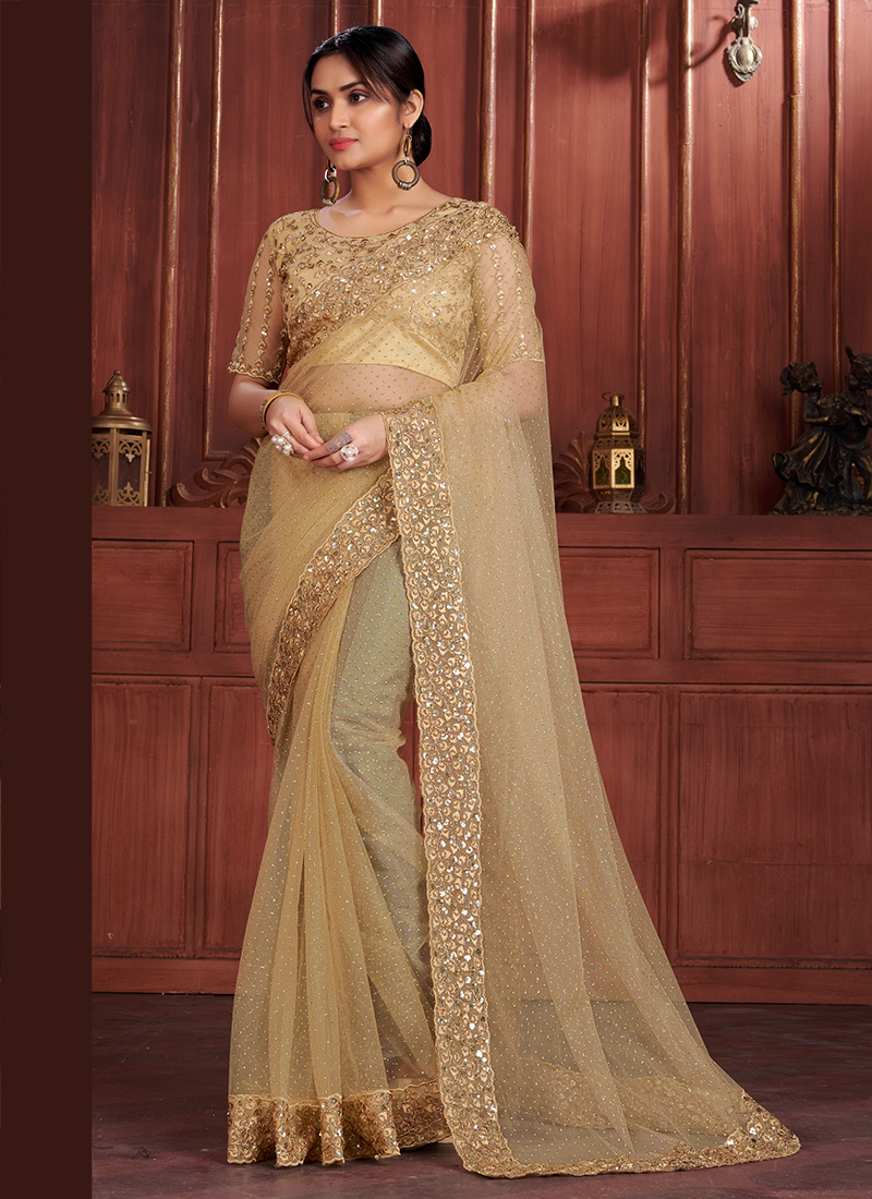 Buy Wedding Wear Golden Heavy Embroidery Work Soft Net Saree ...