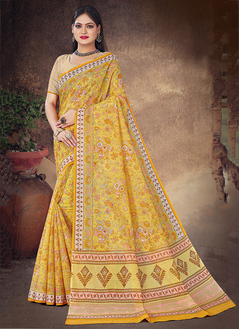 Buy Beige Daily Wear Cotton Floral Printed Saree