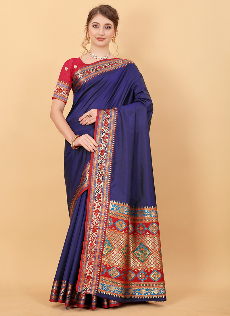 Buy Festival Wear Navy Blue Kanjivam Work Soft Silk Saree Online From Surat  Wholesale Shop.