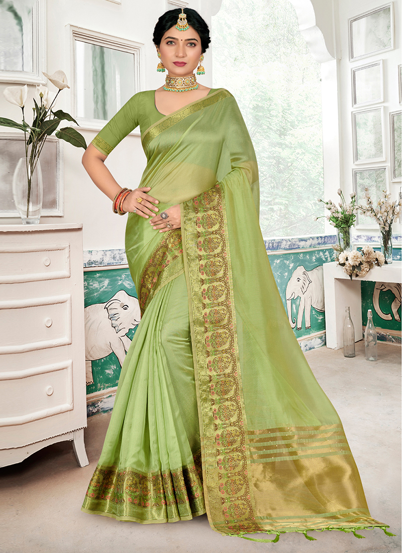 Parrot Green with Blue Color New Cotton Check Saree with Running Blouse  Piece
