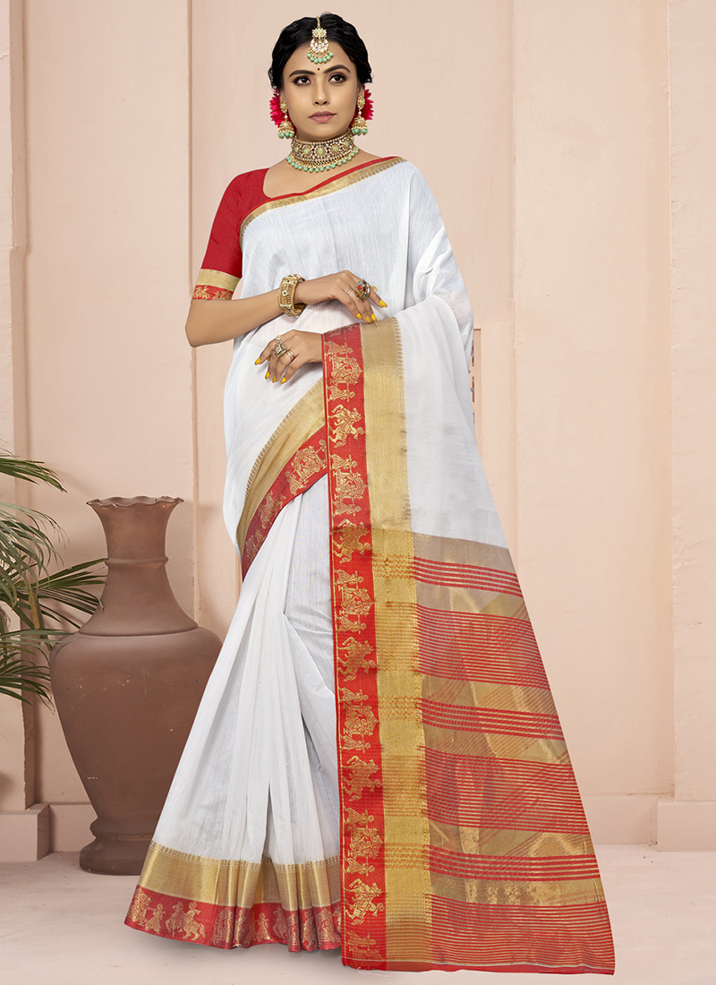 Shop Off White Banarasi Saree Online in USA with Zari Minakari Border –  Pure Elegance