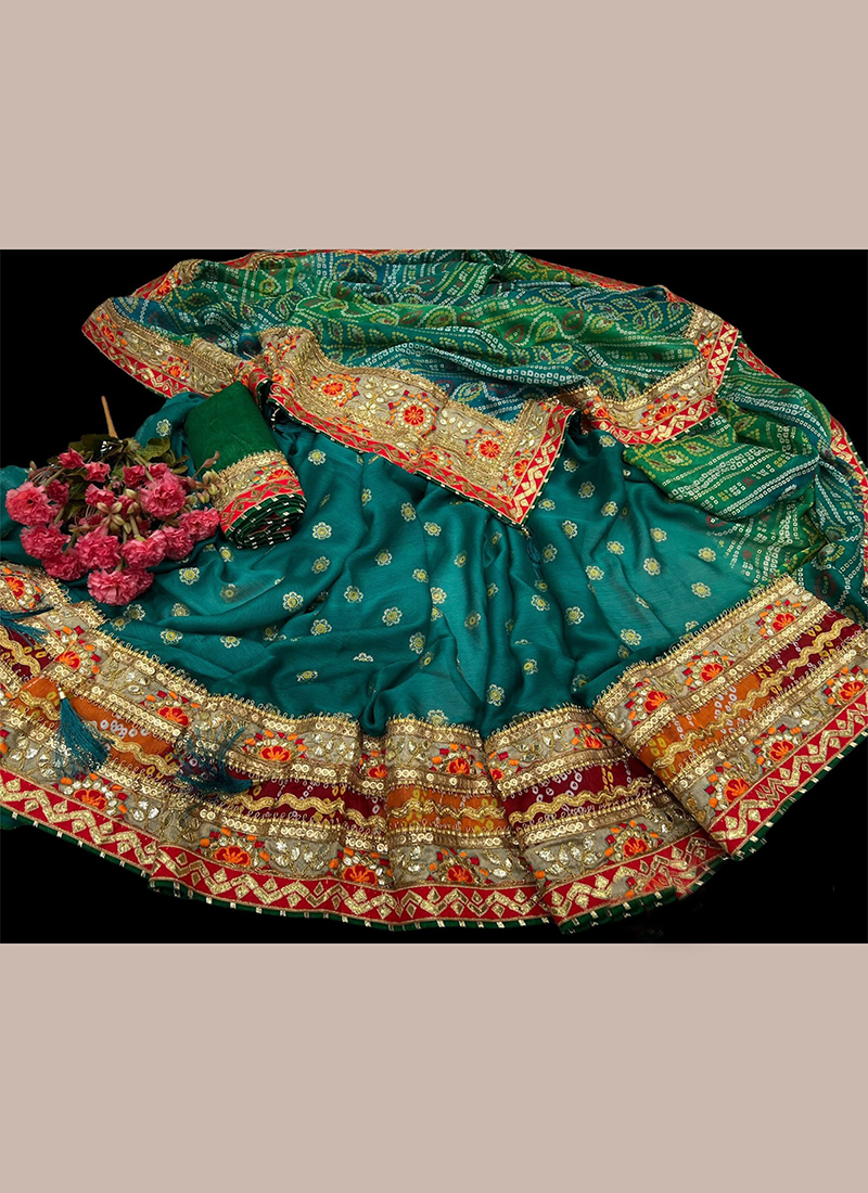 Buy Chhabra 555 Green Tie & Die Jaipuri Printed Mirror Work Embellished Chiffon  Saree & Zari Border Online at Best Prices in India - JioMart.