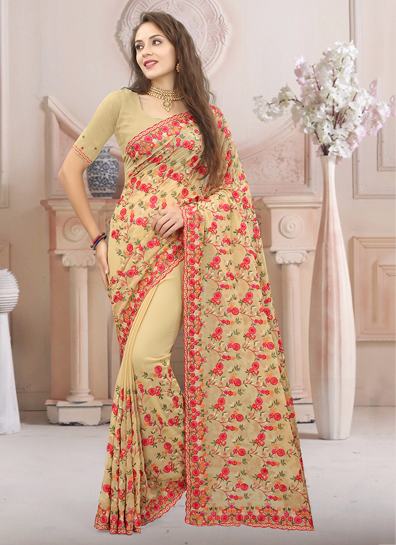 Luscious Multi Color Rangoli Georgette Saree with Brown Blouse