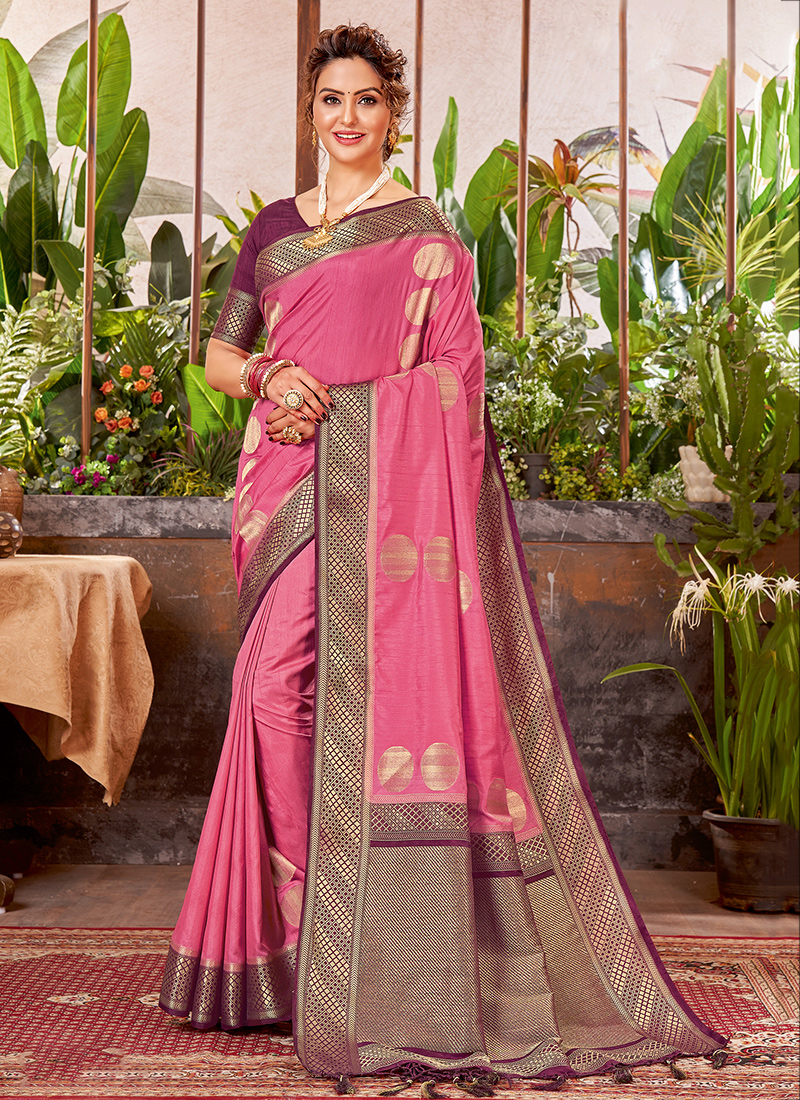 Onion Pink Hand Spun Cotton Silk Saree