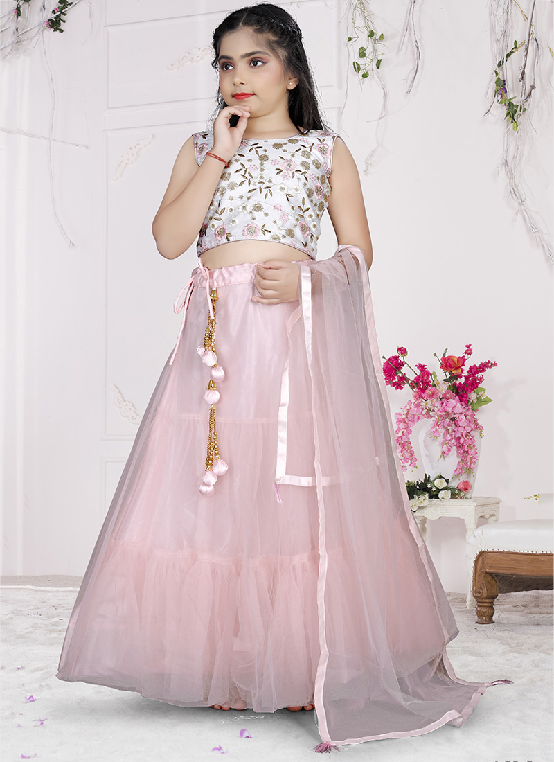 Buy Party Wear Pink Embroidery Work Net Kids Lehenga Choli Online ...