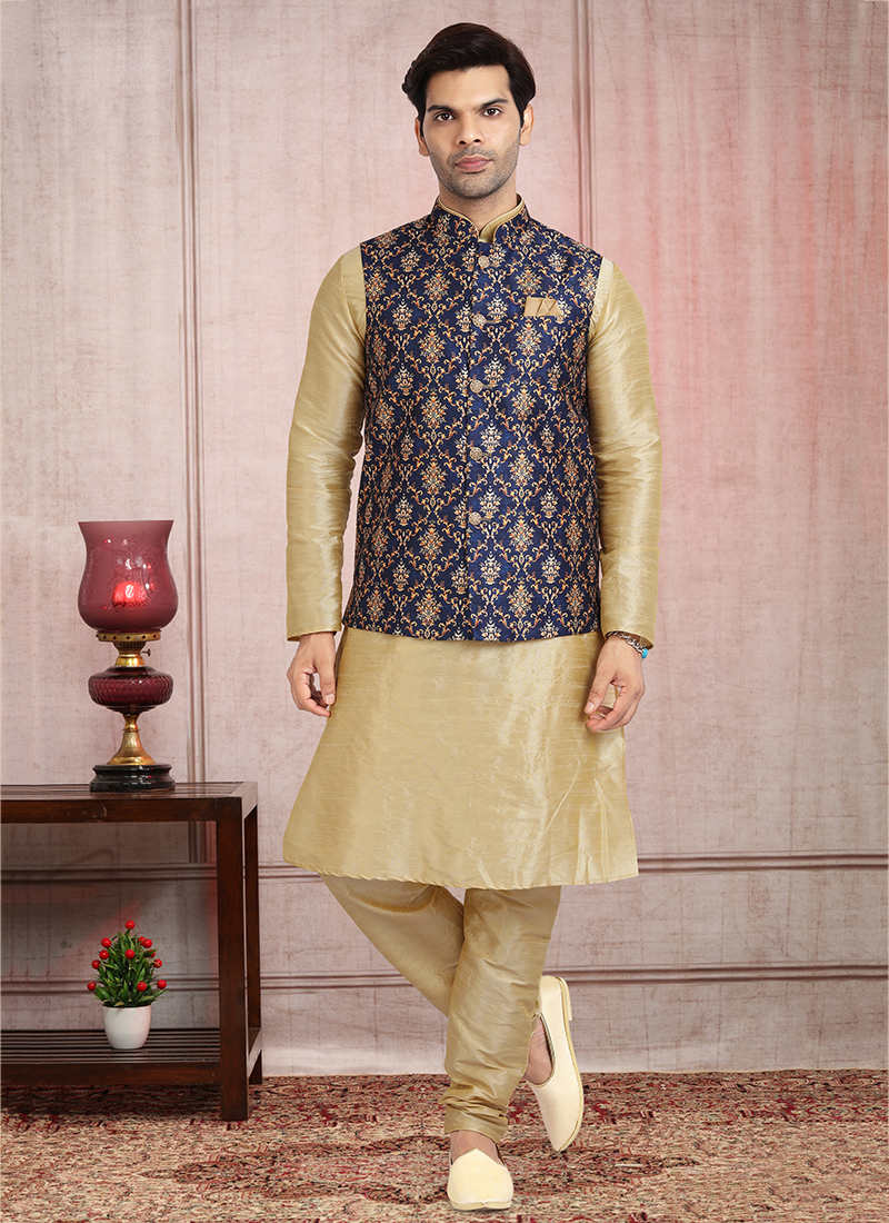 Golden kurta pajama with best sale blue jacket