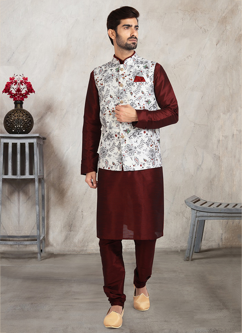 White Kurta Pajama With Cream Woven Nehru Jacket 823MW03