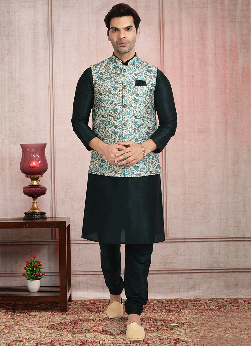 Green Kurta With Floral Printed Jacket And Pyjama | Little Muffet
