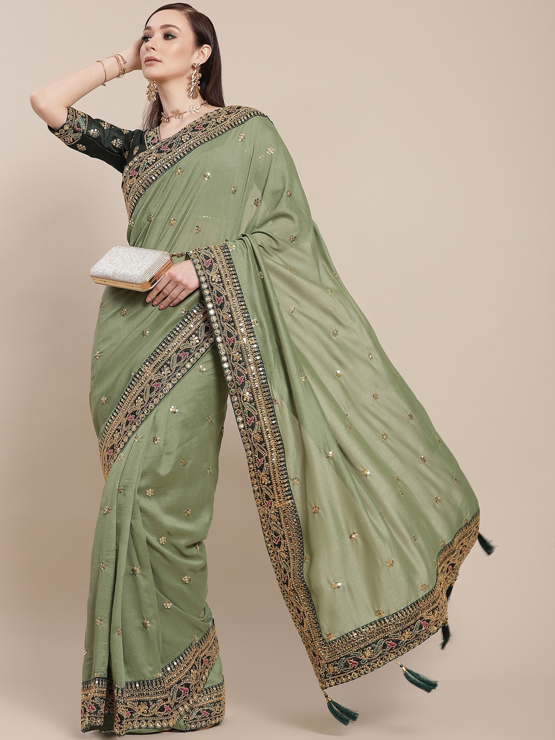 Pista green silk saree with blouse 21033