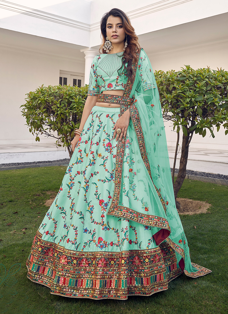 Stone And Sequins Work Pista Green Color A-Line Lehenga