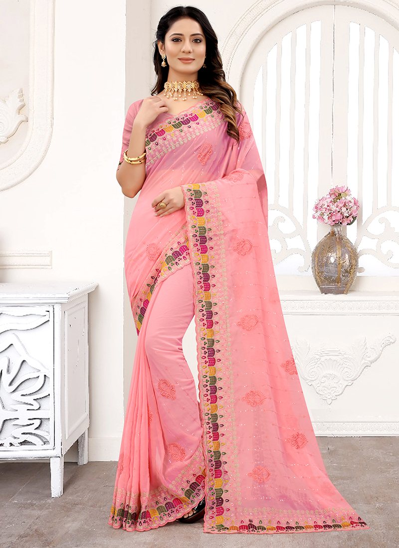 Women's Peach Solid Sarees Collection at Soch India