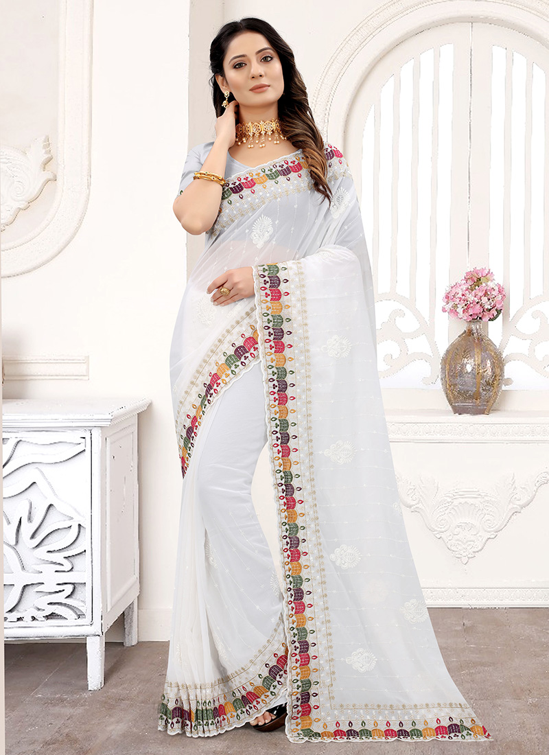 Buy online Silver Zari Lehariya woven Pure soft Georgette saree - Off White -AF1248