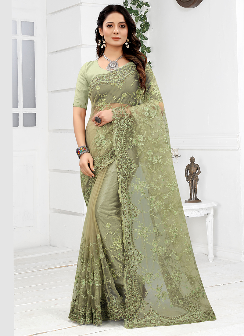 Buy Wedding Wear Pista Green Zari Work Net Saree Online From