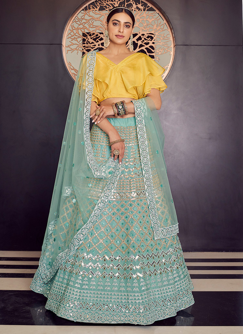 Shades Of Blue Floral Printed Chinon Silk Lehenga Choli with Embroider –  Ethnos