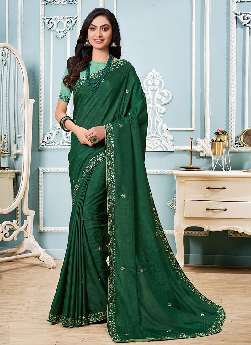 Embroidered Satin Georgette Saree in Dark Green : SCBA4896