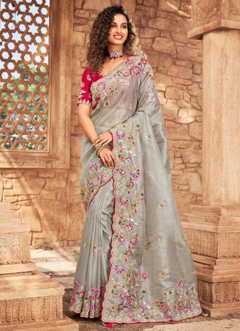 Buy Now Partywear Plain Crepe Sarees Broad Floral Embroidery Border Work  Sarees – Lady India