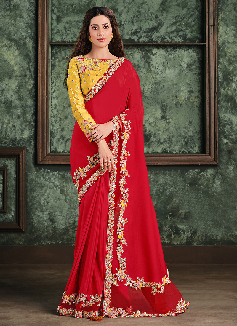 Buy Party Wear Red Resham Work Satin Silk Saree Online From Surat ...