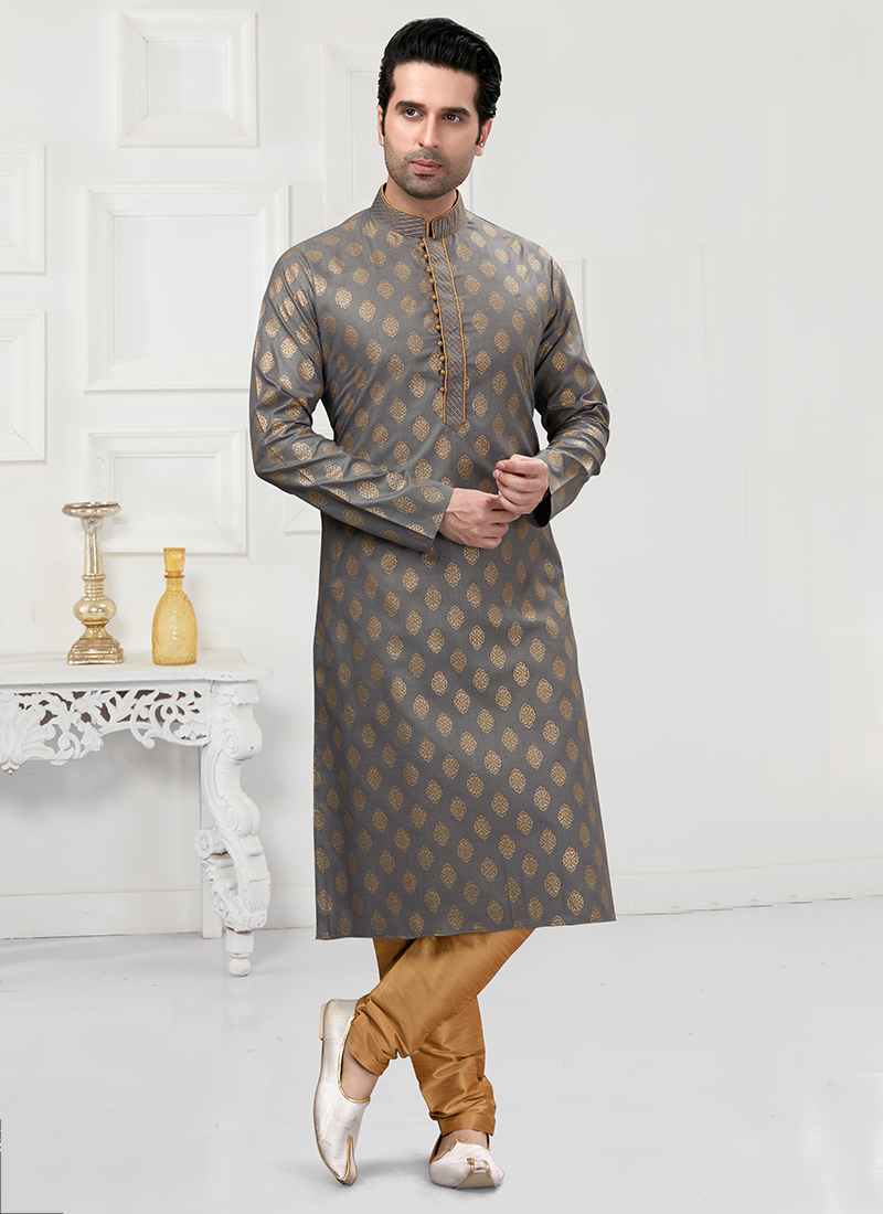 Buy Traditional Wear Grey Printed Work Cotton Kurta Pajama Online From Surat Wholesale Shop