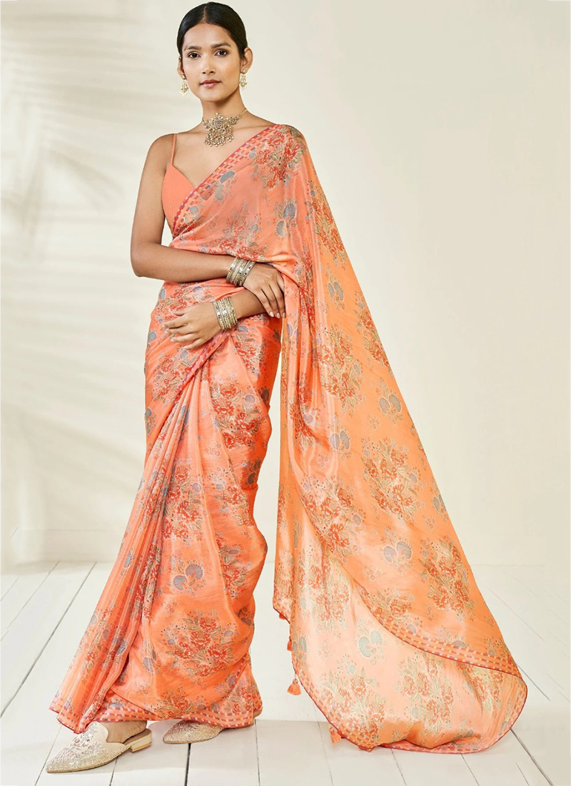 Women Party Wear Digital Flower Printed Heavy Chinnon Saree With Papper Mirror Worked Border