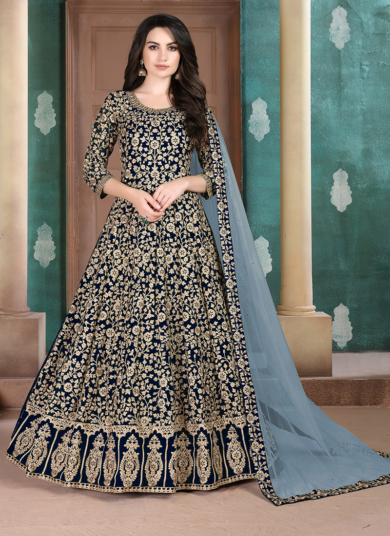 NAVY BLUE RUFFLED COCKTAIL GOWN WITH AN EMBROIDERED BODICE AND SILVER  DETAILS. - Seasons India
