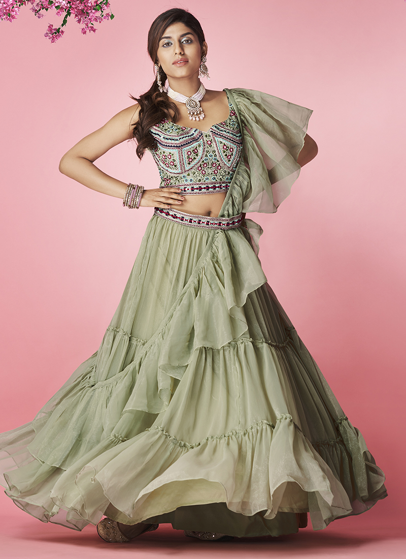 Light Olive Green Ruffle Style Lehenga Choli WJ101633