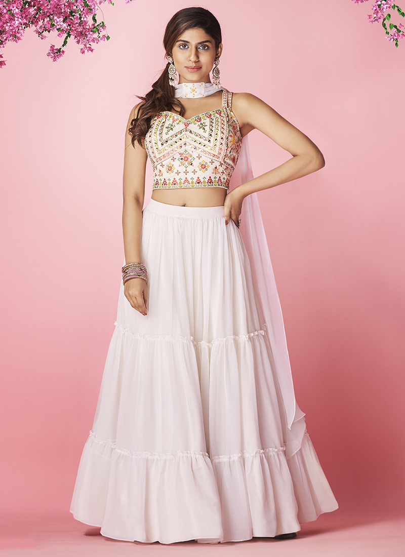 White Thread Work Lehenga Choli Designer Lengha Chunri Party Wear Skirt Top  Sari | eBay