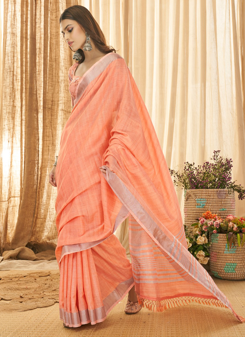 Green Orange Linen Saree – StylebyPanaaash