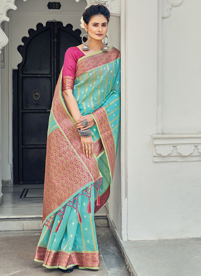 30 Contrast Blouse Designs For Blue Silk Saree - Candy Crow