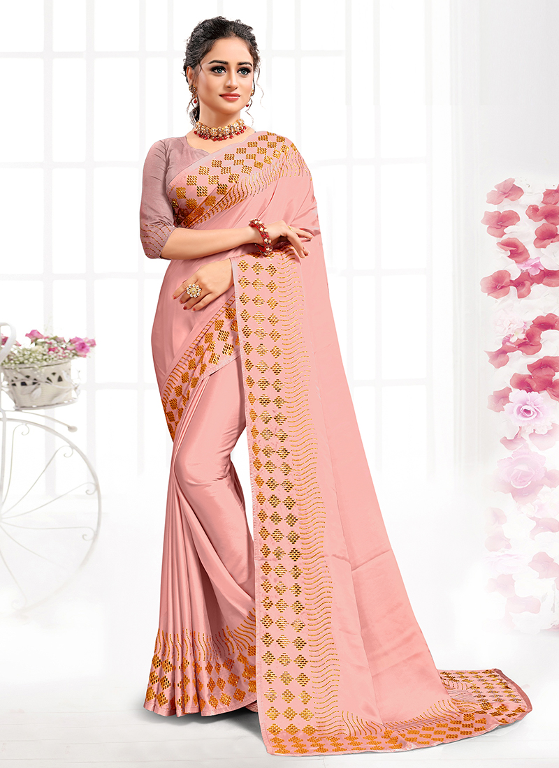 Designer Peach Thread Work Satin Saree With Blouse