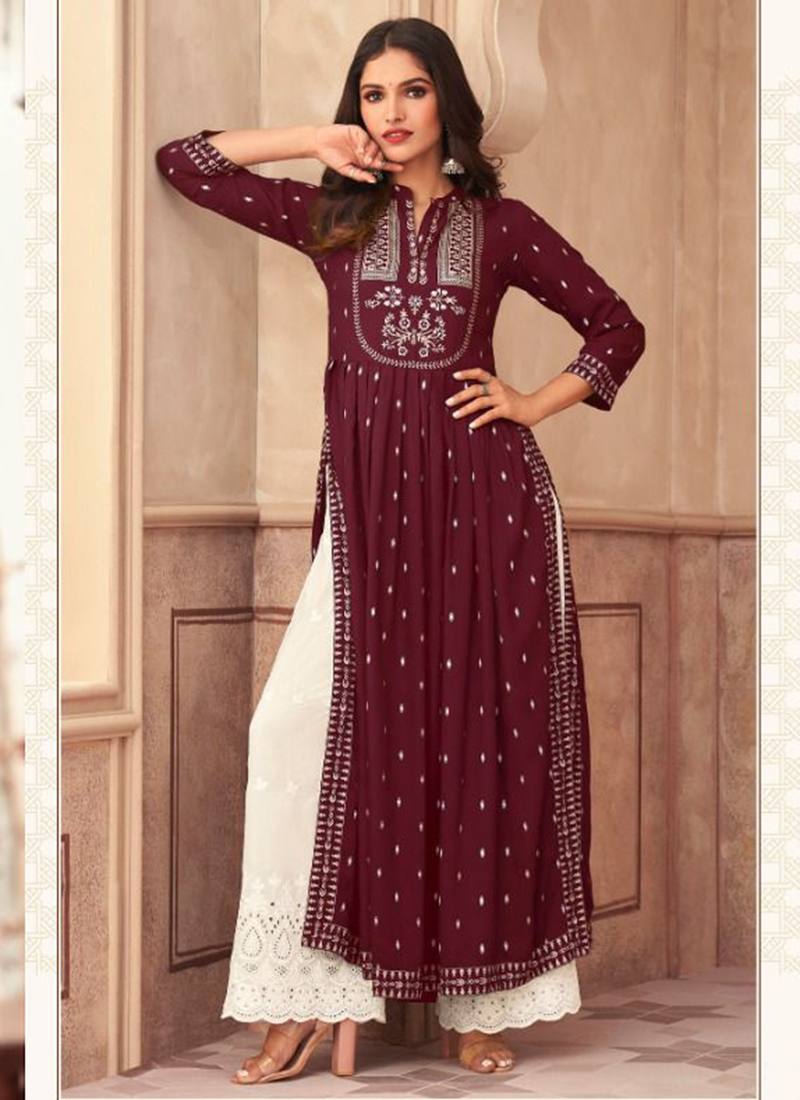 875  Green Fashionable Rayon Kurti with Skirt  Plus Sizes