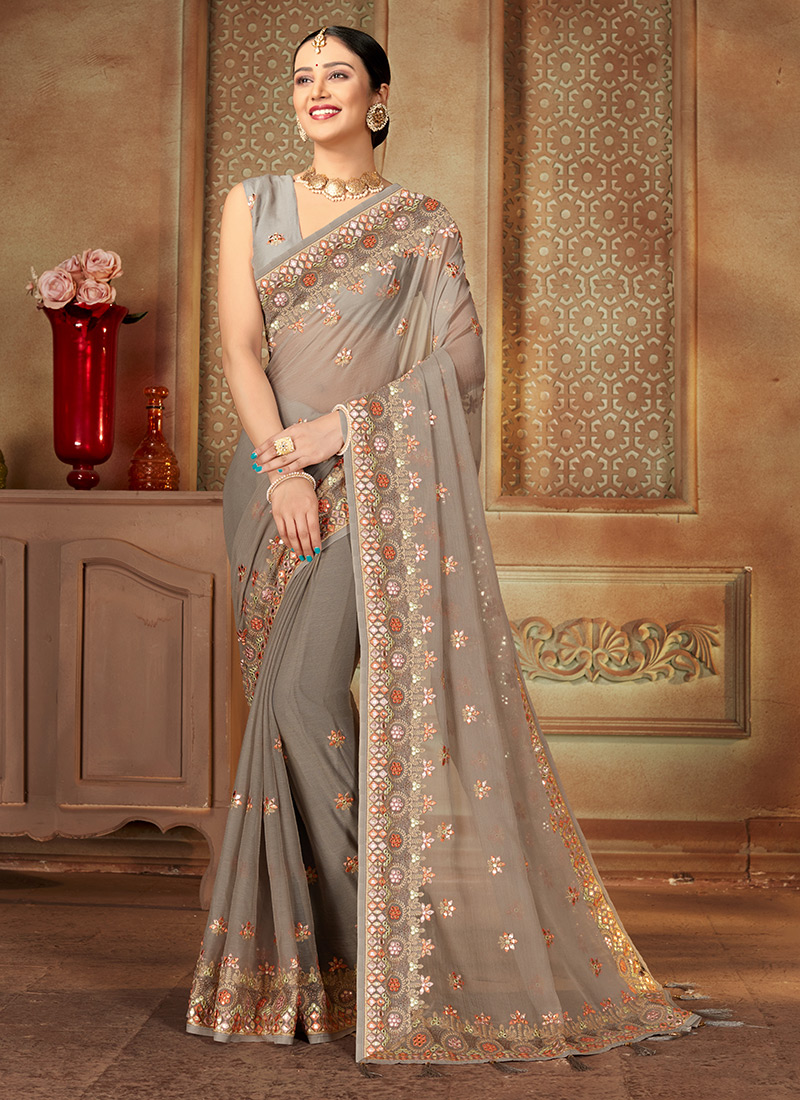 Buy KAVINDI women's chiffon saree with Thread embroidered work saree(KVN1417)  at Amazon.in