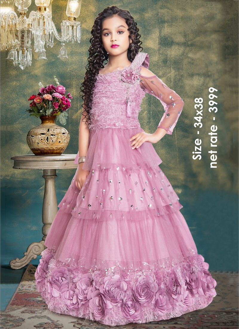 Party Wear Pink Net Girls Readymade Dress Catalog