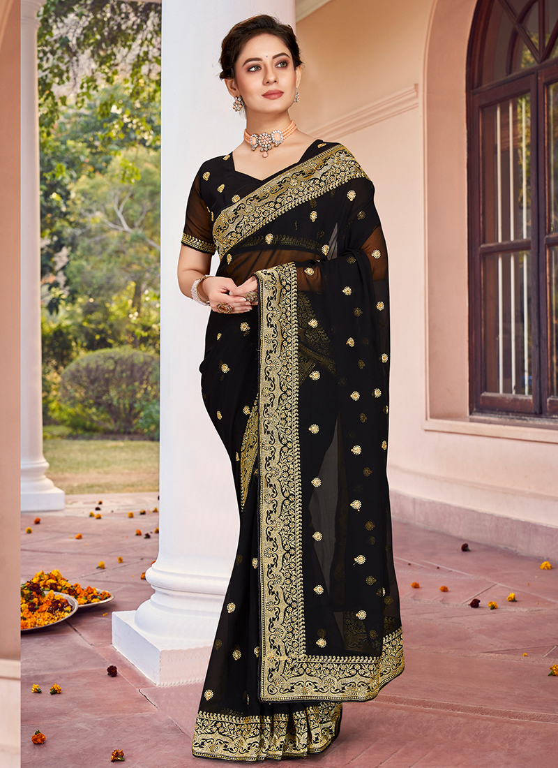 Buy Black Kota Silk Hand Embroidered Thread Work Floral Saree For Women by  Paaprika Online at Aza Fashions.