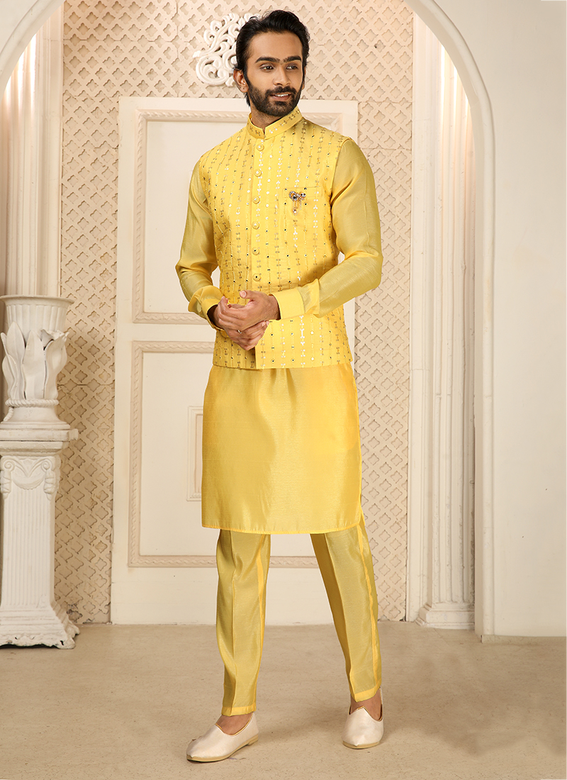 Gold Kurta Art Embroidered Banarasi Silk Aligadhi Pant main image 1