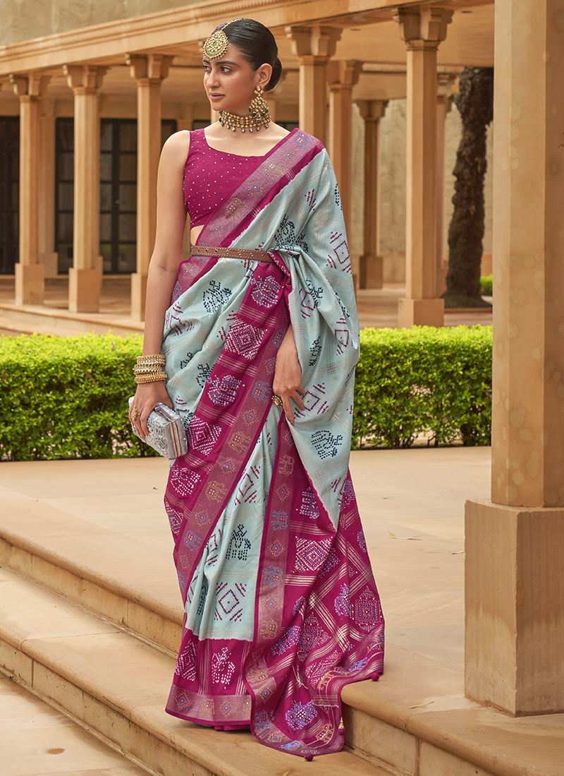 Cyan Blue Saree in Rajkoti Patola Silk for women - Clothsvil