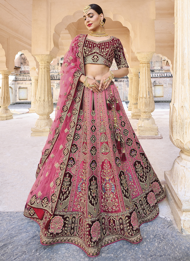 Buy Bridal Wear Pink Embroidery Work Velvet Lehenga Choli Online From Surat  Wholesale Shop.