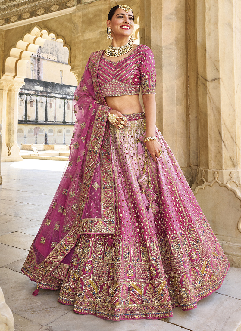 Buy Bridal Wear Hot Pink Heavy Embroidery Work Silk Lehenga ...