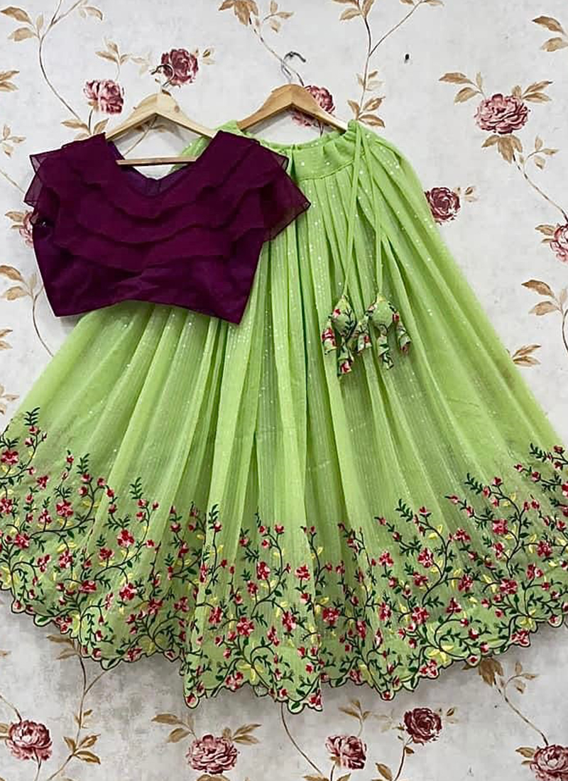 Green Girls Lehenga Choli With Multi Colored Blouse | Green dress casual,  Light green dress, Kids party wear frocks