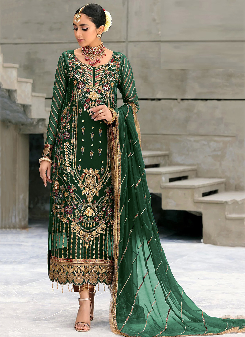 Buy Wedding Wear Green Embroidery Work Georgette Pakistani ...