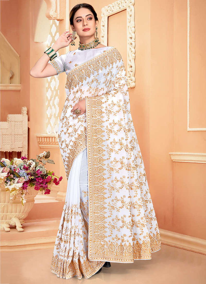 White Floral Sequins Embroidered Georgette Saree