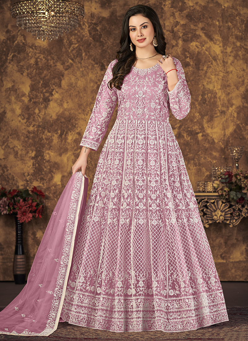 Buy Wedding Wear Pink Embroidery Work Net Anarkali Suit Online ...