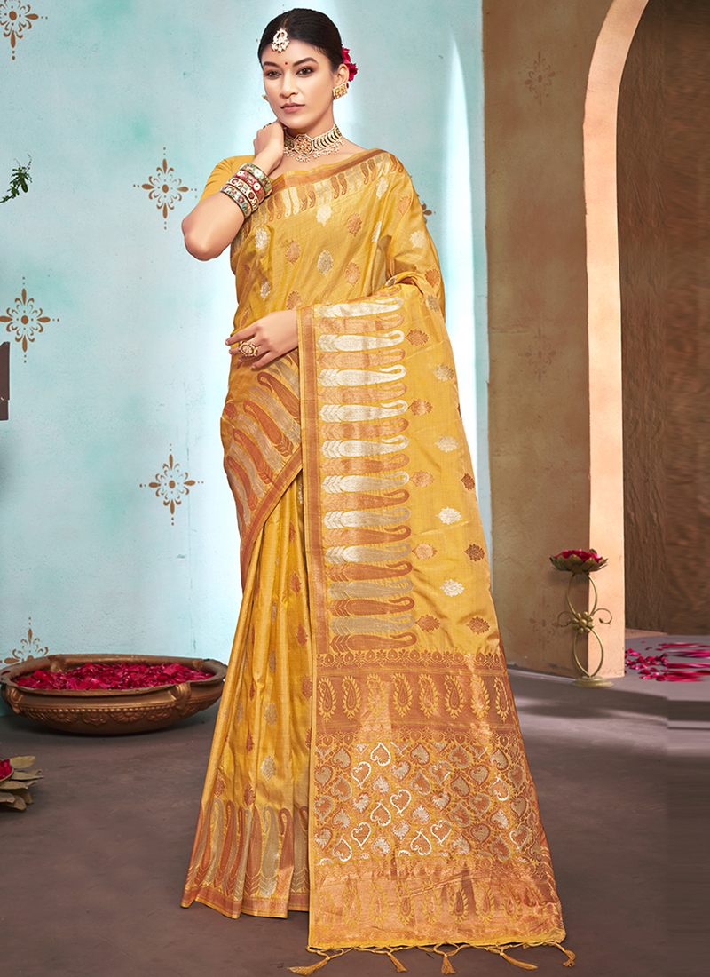 Buy Yellow Color Pure Banarasi Silk Saree Festive Wear Online at Best Price  | Cbazaar