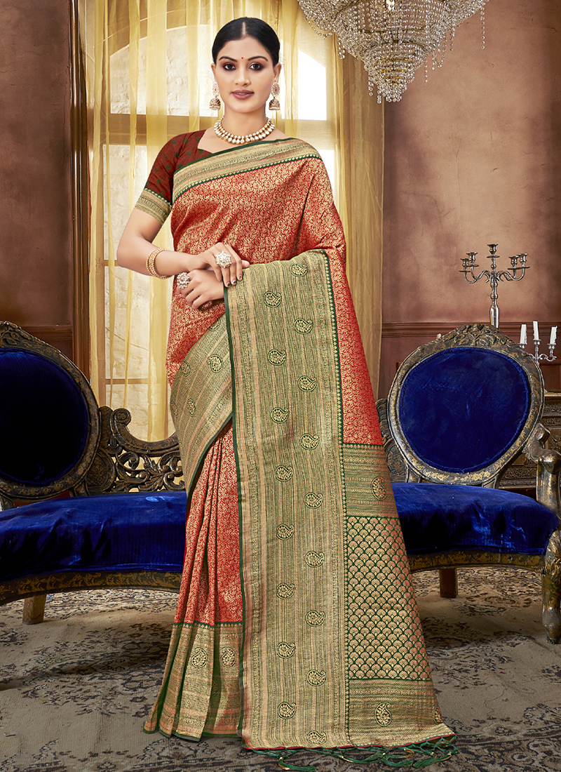 Gota Work Bridal Wear Kanchipuram Silk Sarees, With Stitched Blouse, 6 m  (with blouse piece)