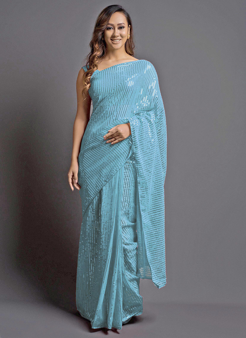 Teal Blue Color Silk Sequins Work Party Wear Plus Size Saree