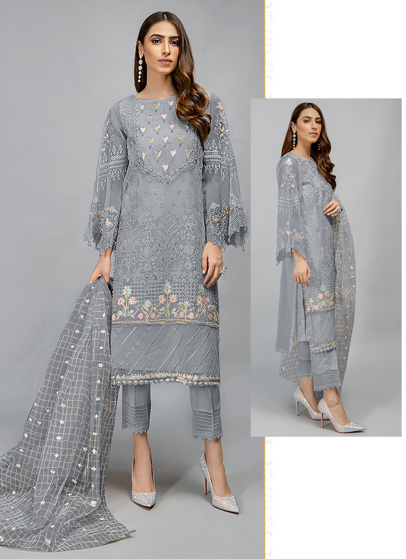 Teal Green Embroidered Netted Pakistani Suit